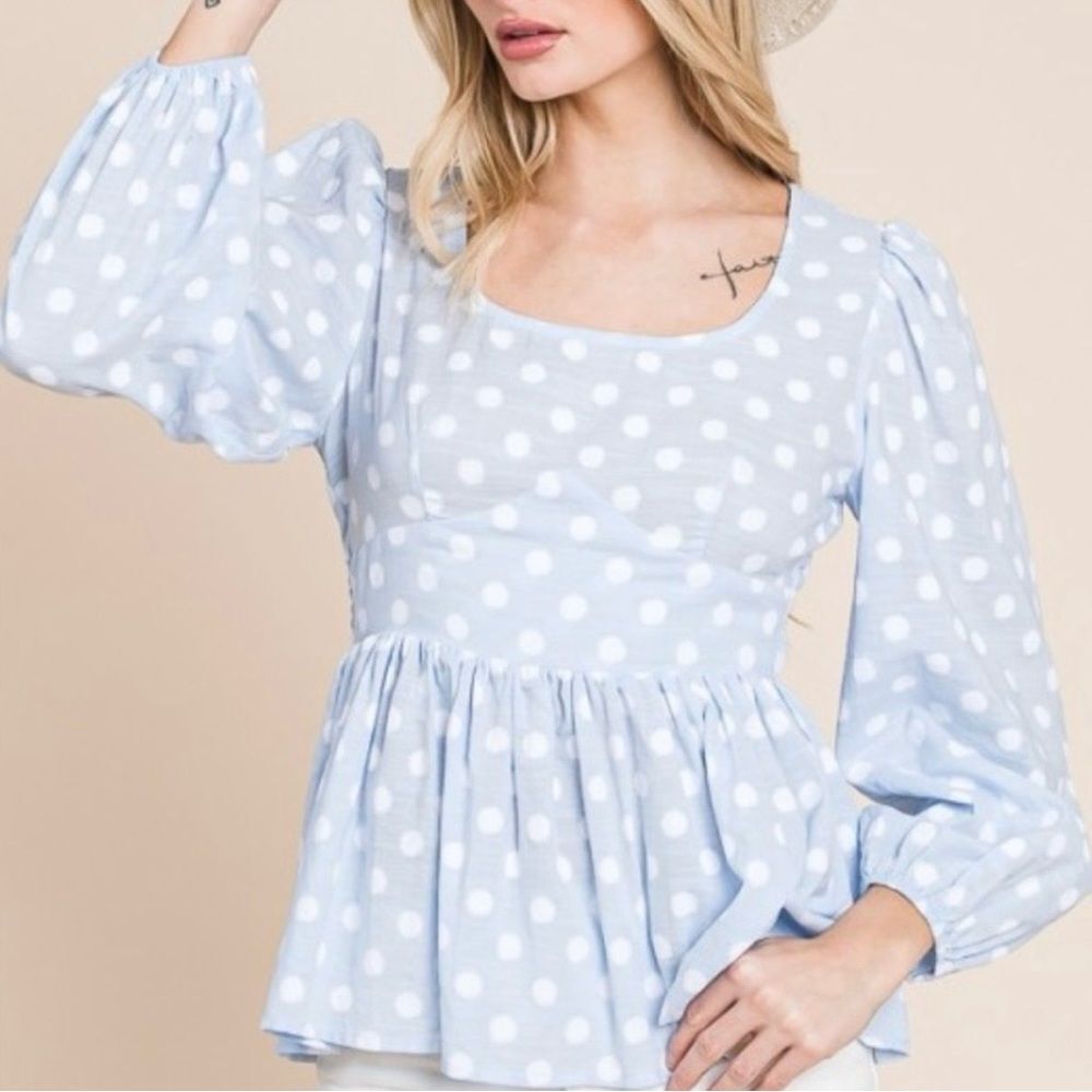NWT Elegant Sky Blue Polka Dot Blouse - Picture 3 of 10